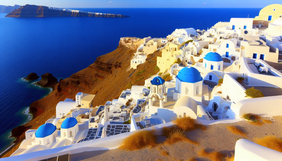 Stunning view of traditional Greek island architecture with white buildings and blue domes overlooking the bright blue Aegean Sea