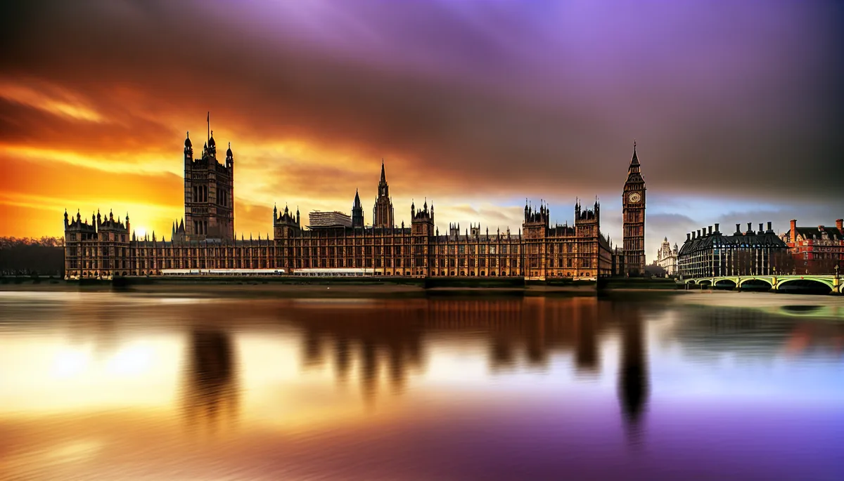 Stunning sunset view of London's Big Ben and Houses of Parliament reflected in the Thames River with dramatic golden sky