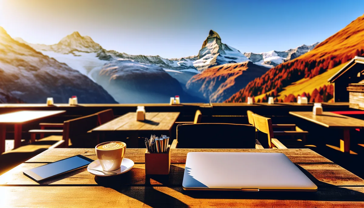 Scenic mountain cafe terrace with laptop workspace overlooking Alpine peaks during golden hour