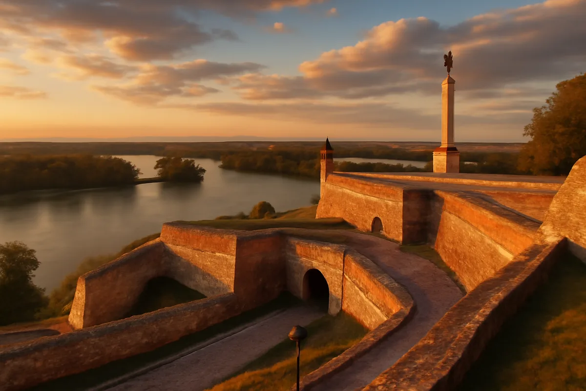 Panoramic view of Belgrade's Kalemegdan fortress at golden hour, with the Sava and Danube rivers meeting in the background under a warm amber sky