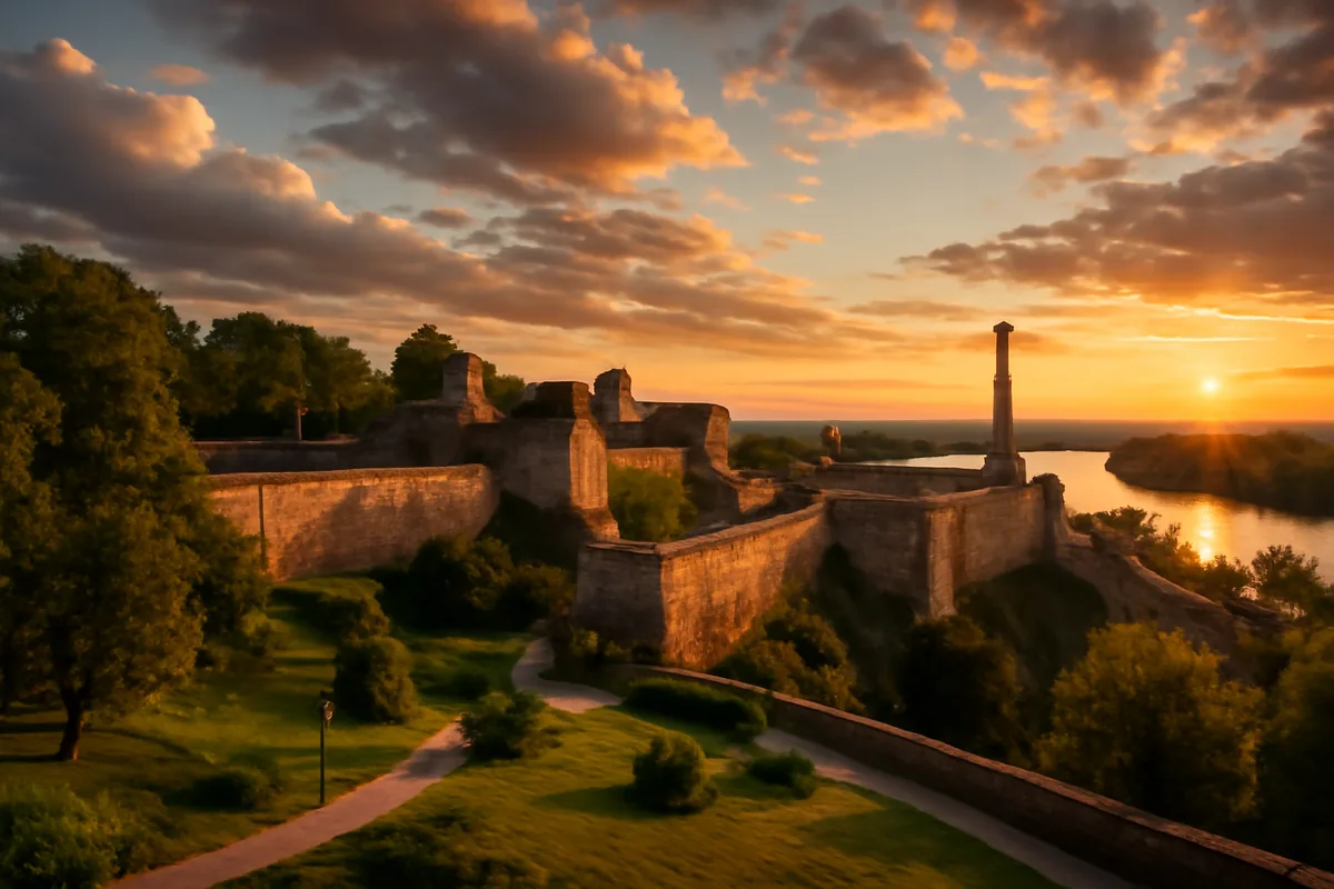 Panoramic golden hour view of Belgrade's Kalemegdan fortress overlooking the meeting point of the Sava and Danube rivers, surrounded by green parklands under a warm, dramatic sky.