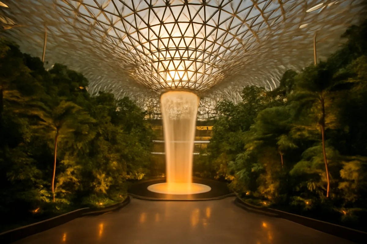 The stunning interior of Singapore Changi Airport featuring its iconic indoor tropical garden with a towering waterfall, lush greenery, and a magnificent glass ceiling bathed in warm light.