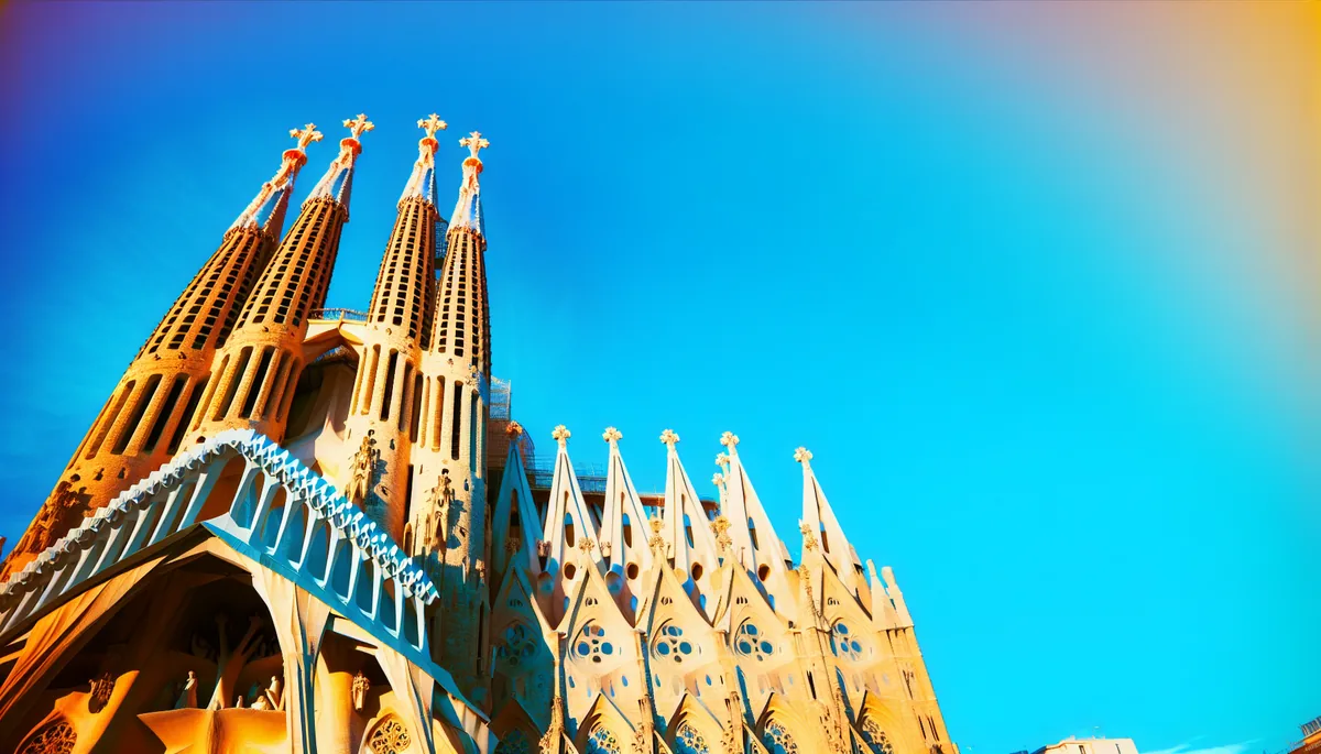 Stunning golden hour view of Barcelona's Sagrada Familia cathedral with its distinctive Gothic spires silhouetted against a bright blue Mediterranean sky
