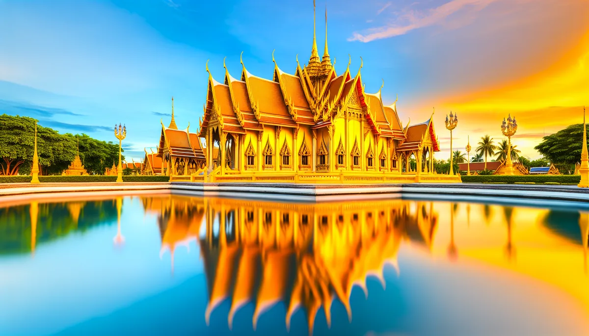 Golden Buddhist temple with ornate spires reflecting in calm water under a blue tropical sky in Thailand