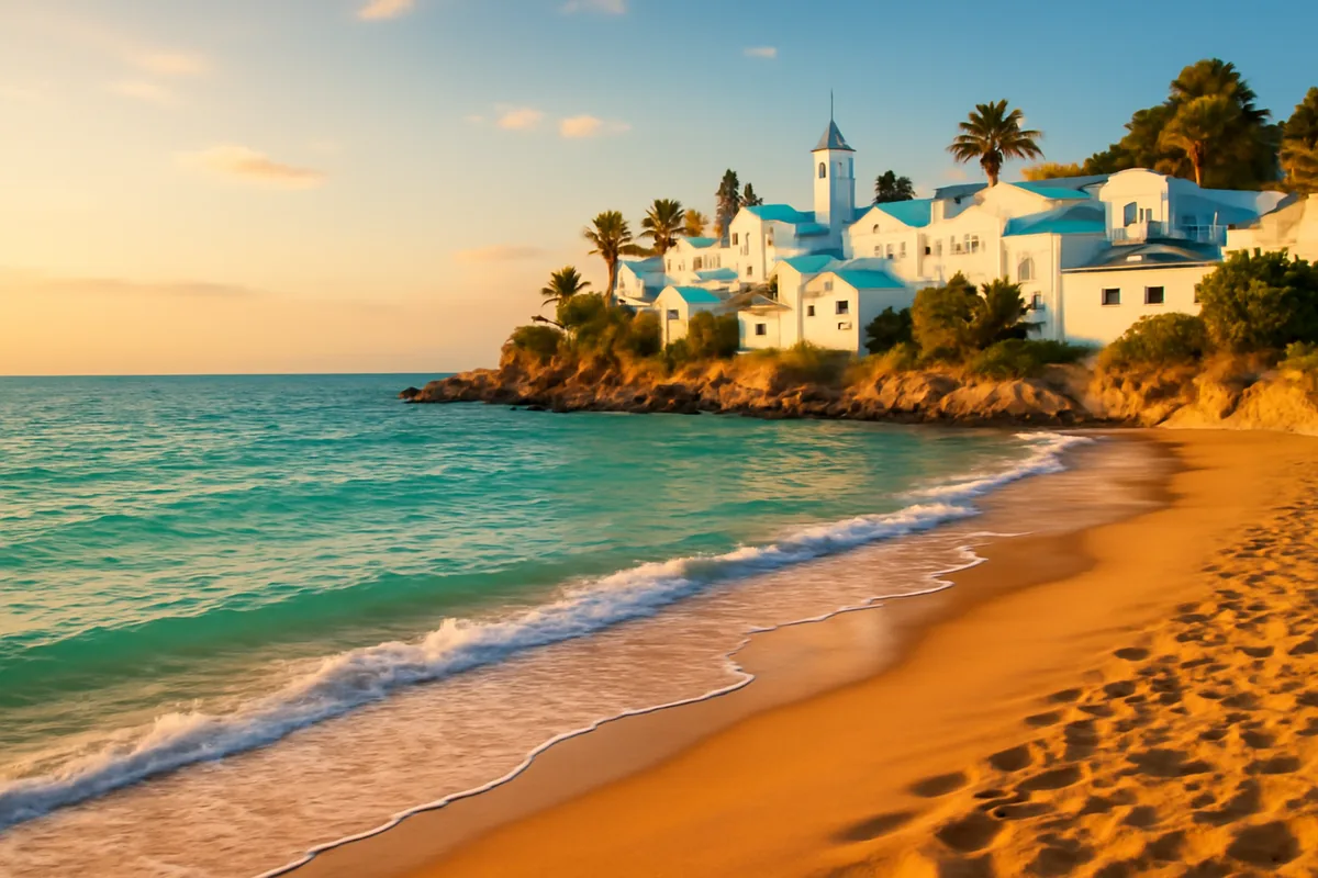 A breathtaking Mediterranean beach in Tunisia with turquoise waters, golden sand, and traditional white-and-blue Tunisian architecture perched on a coastal clifftop under warm golden hour light.