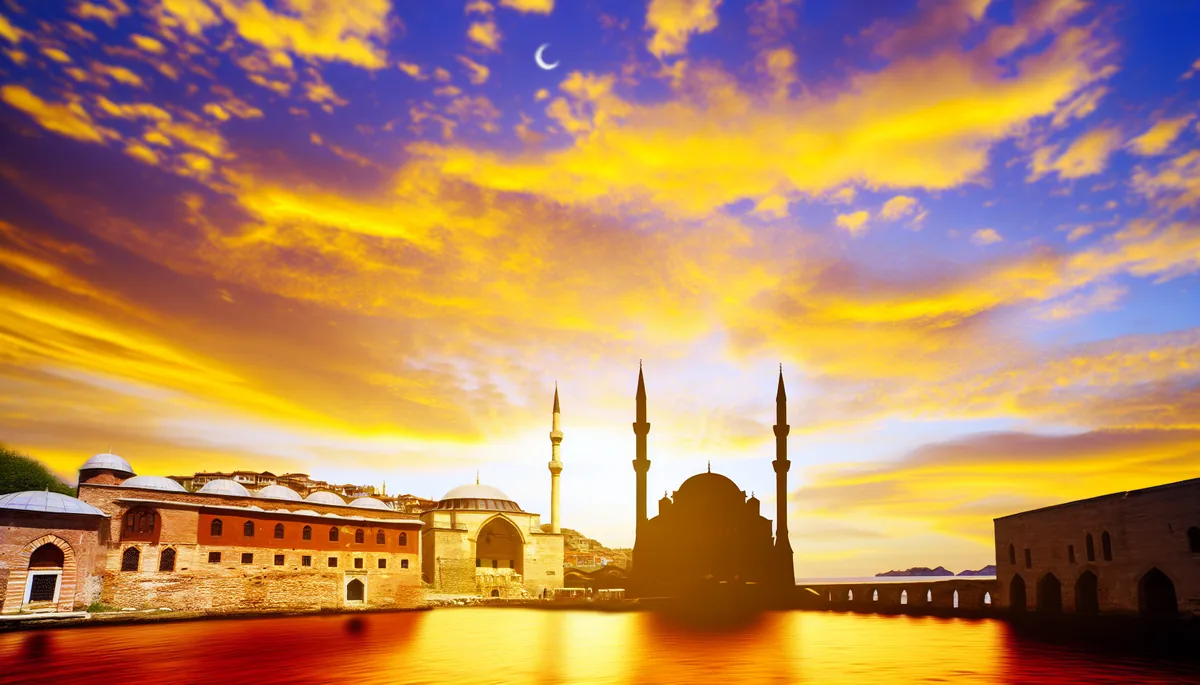 Stunning sunset view of Istanbul's historic skyline featuring the Blue Mosque and Hagia Sophia across the Bosphorus strait