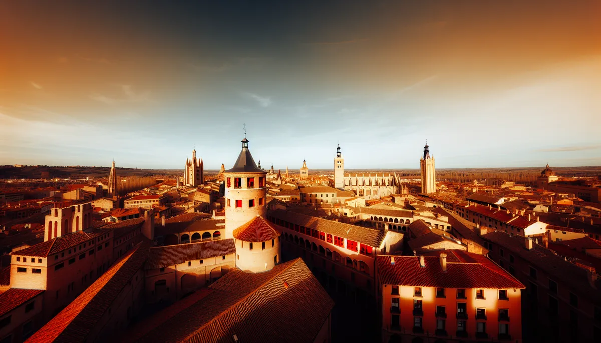 Panoramic view of a European city with medieval architecture, red-tiled rooftops, and towers under golden hour lighting