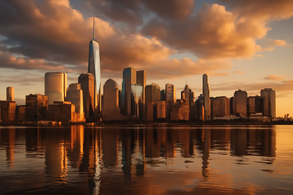 New York City skyline at golden hour with Manhattan skyscrapers reflected in the calm Hudson River, captured in wide-angle panoramic style