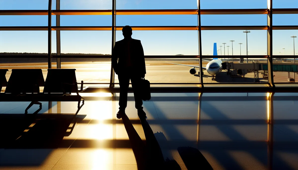 Silhouette of a traveler standing at an airport terminal window during golden hour, with planes visible on the runway outside