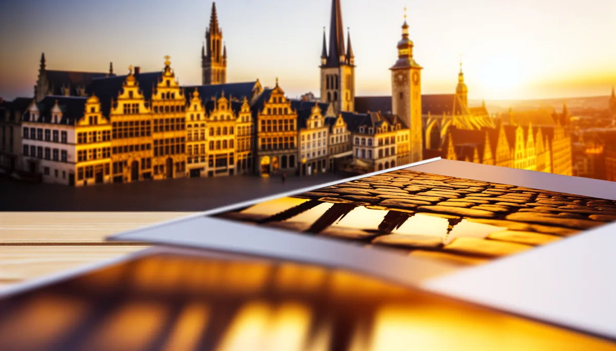 Golden hour view of a picturesque European city with medieval architecture, church spires, and historic buildings creating a romantic weekend travel atmosphere