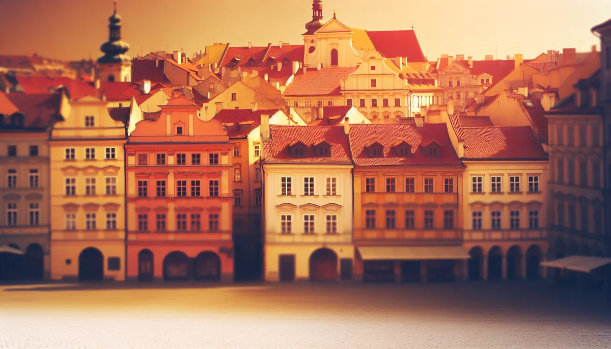 A picturesque European city square with historic buildings, cobblestone streets, and warm golden lighting during sunset