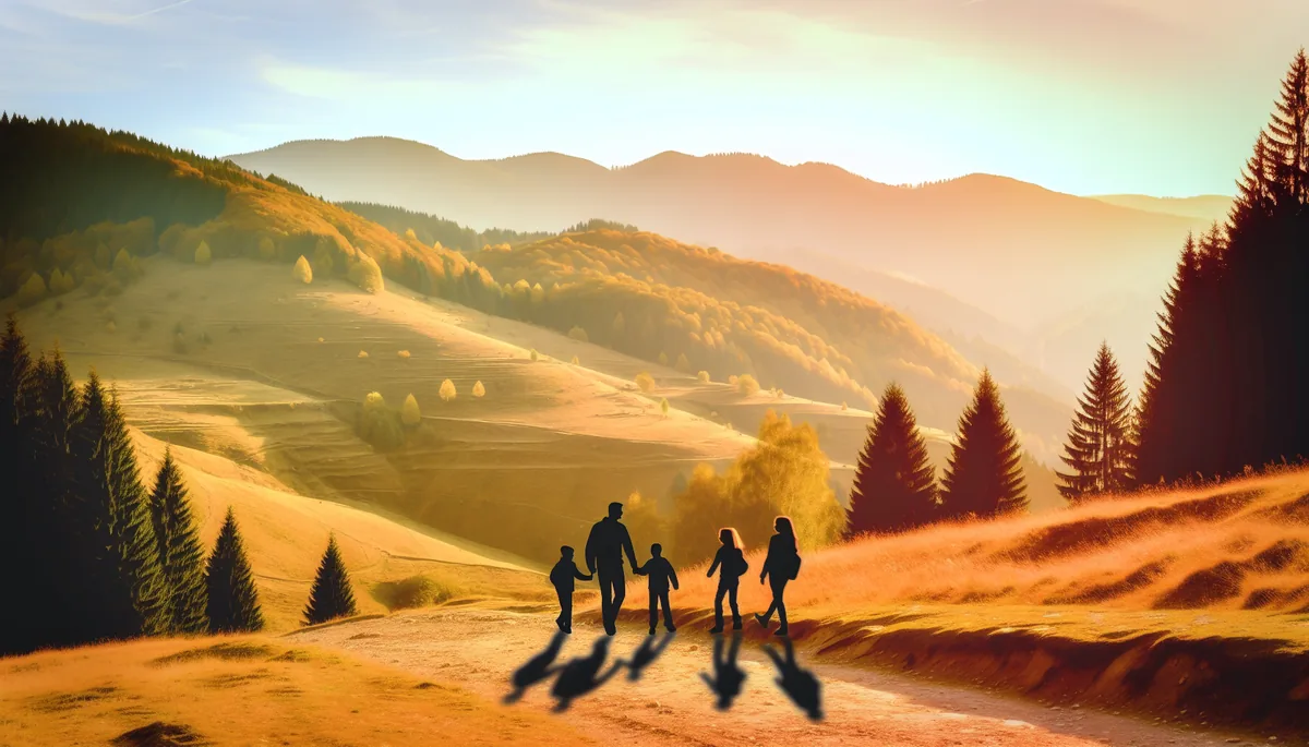 Family silhouettes walking together on a mountain trail in the Romanian Carpathians during golden hour, symbolizing staying connected while traveling