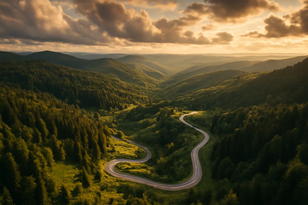 Aerial view of a scenic winding road through lush green Romanian countryside hills at golden hour