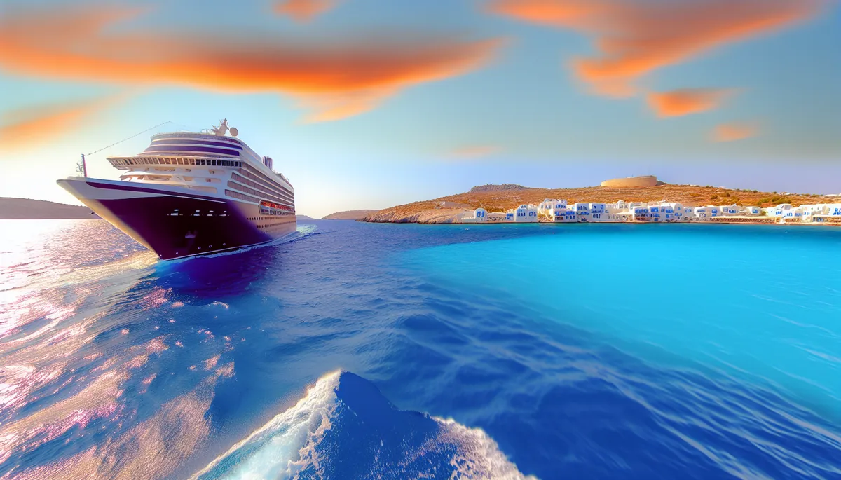 A luxury cruise ship sailing through turquoise Mediterranean waters with a picturesque Greek island coastline featuring white buildings visible in the background during golden hour