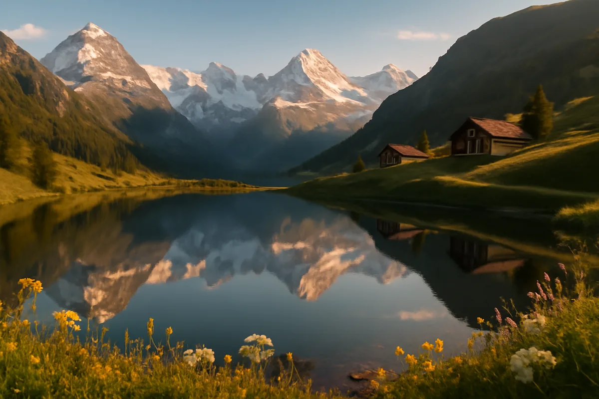 Panoramic view of the Swiss Alps with snow-capped mountain peaks reflecting in a calm alpine lake, surrounded by green hillsides and traditional wooden chalets bathed in golden hour light
