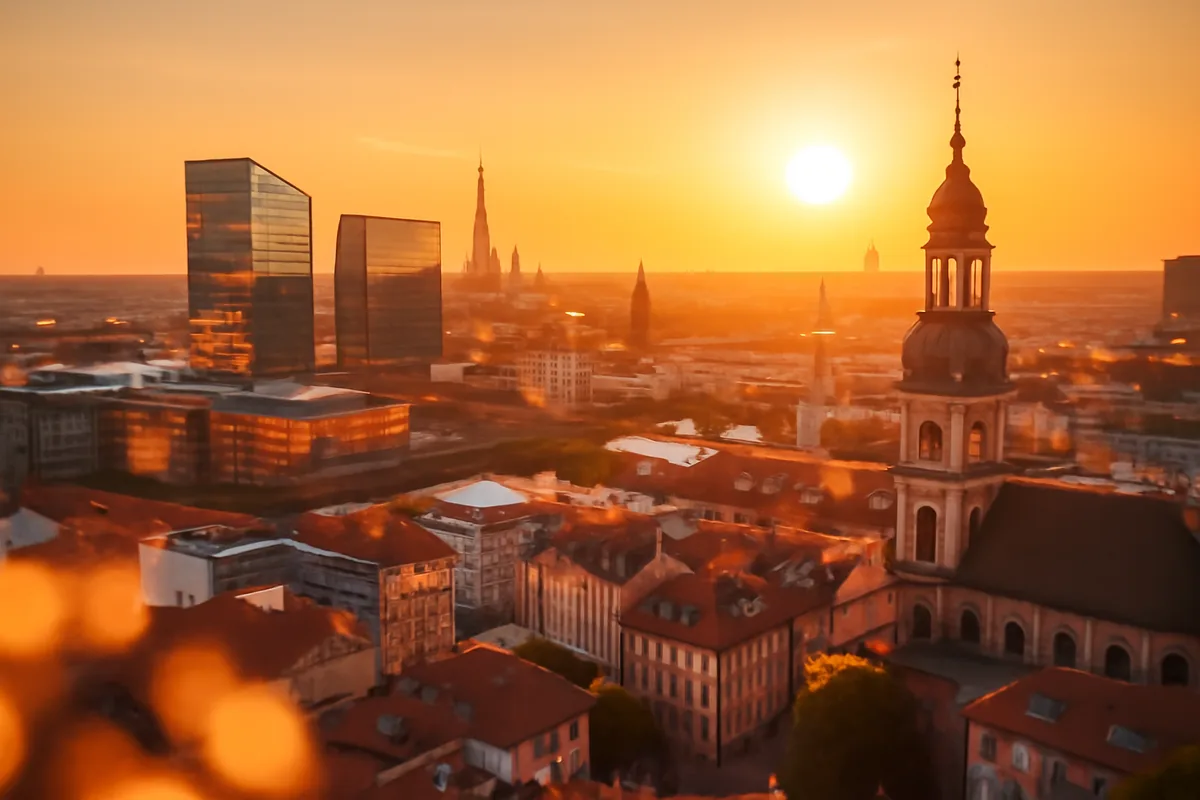 Aerial panoramic view of a European city skyline bathed in golden hour light, blending modern and historic architecture under a warm amber sky.