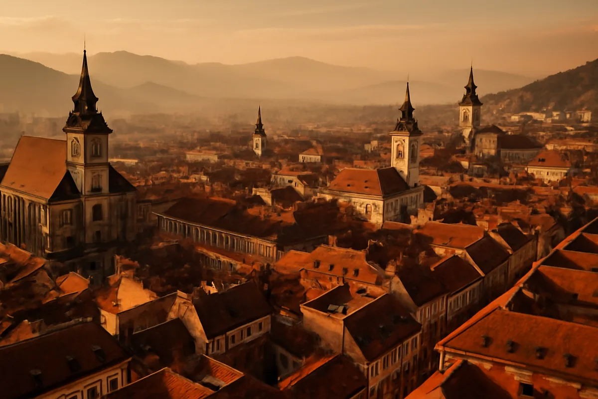 Aerial panoramic view of a Romanian city with historic architecture and terracotta rooftops, framed by the Carpathian mountains in the background during golden hour