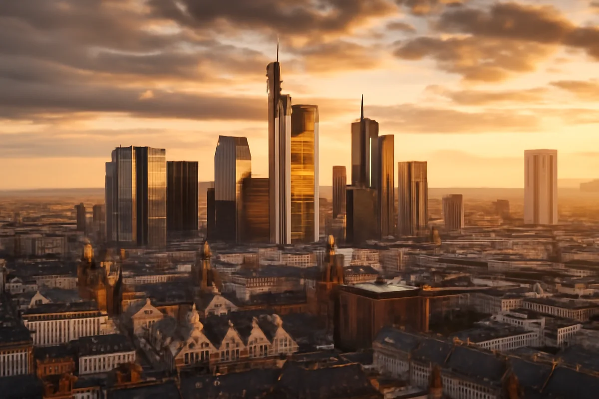 Aerial view of a modern European city skyline at golden hour, with contemporary and historic architecture bathed in warm amber light