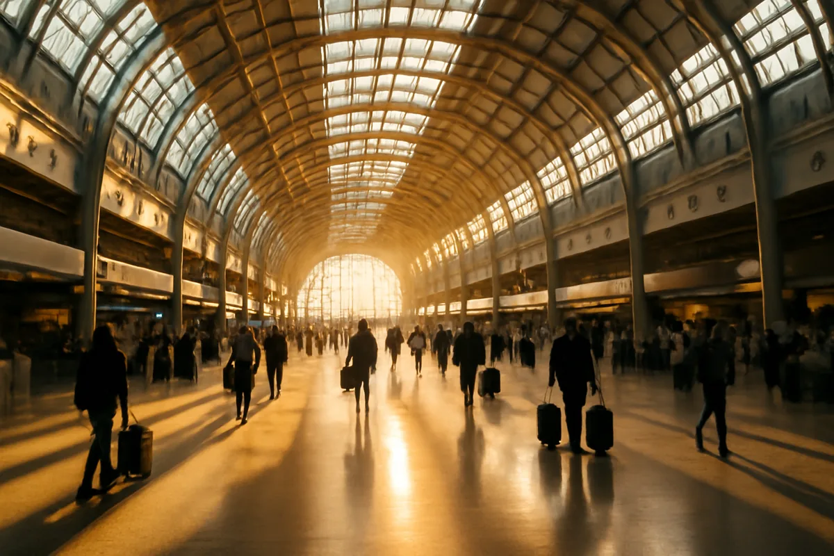 Grand international airport terminal interior with soaring glass ceiling, natural light flooding through large windows, and silhouetted travelers moving through the spacious hall