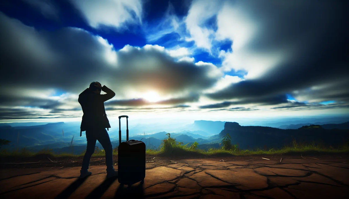 Silhouette of a traveler with luggage standing at a mountain viewpoint under a dramatic cloudy sky, suggesting travel challenges and solutions