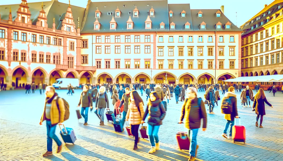 European city square with historic buildings and travelers with luggage walking on cobblestone streets during golden hour
