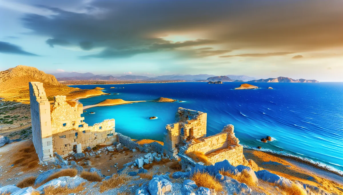Stunning Mediterranean coastal landscape with ancient ruins overlooking crystal blue waters and distant Greek islands under a golden sunset sky