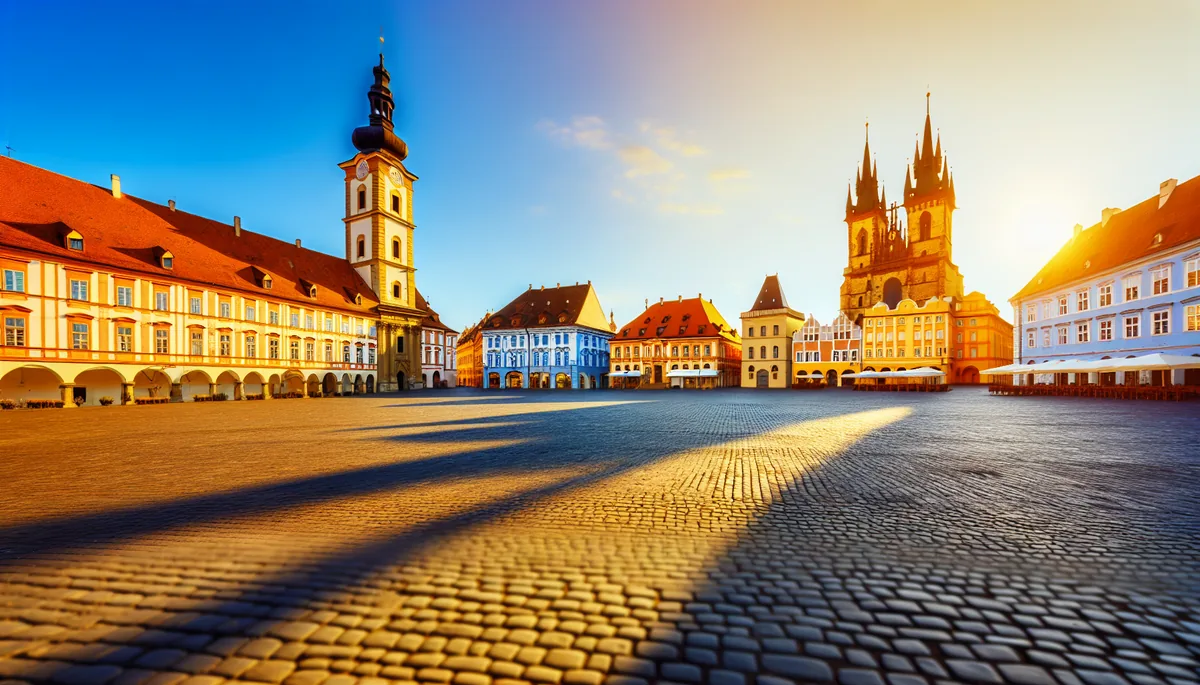 Golden hour view of a European city center with historic buildings, cobblestone streets, and traditional architecture under warm evening light