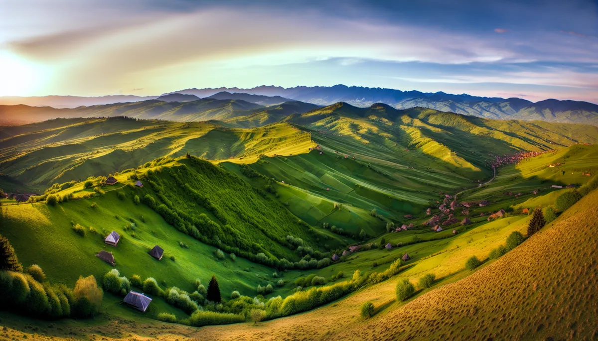 Scenic Romanian countryside landscape with rolling hills, traditional villages, and Carpathian Mountains in the background during golden hour