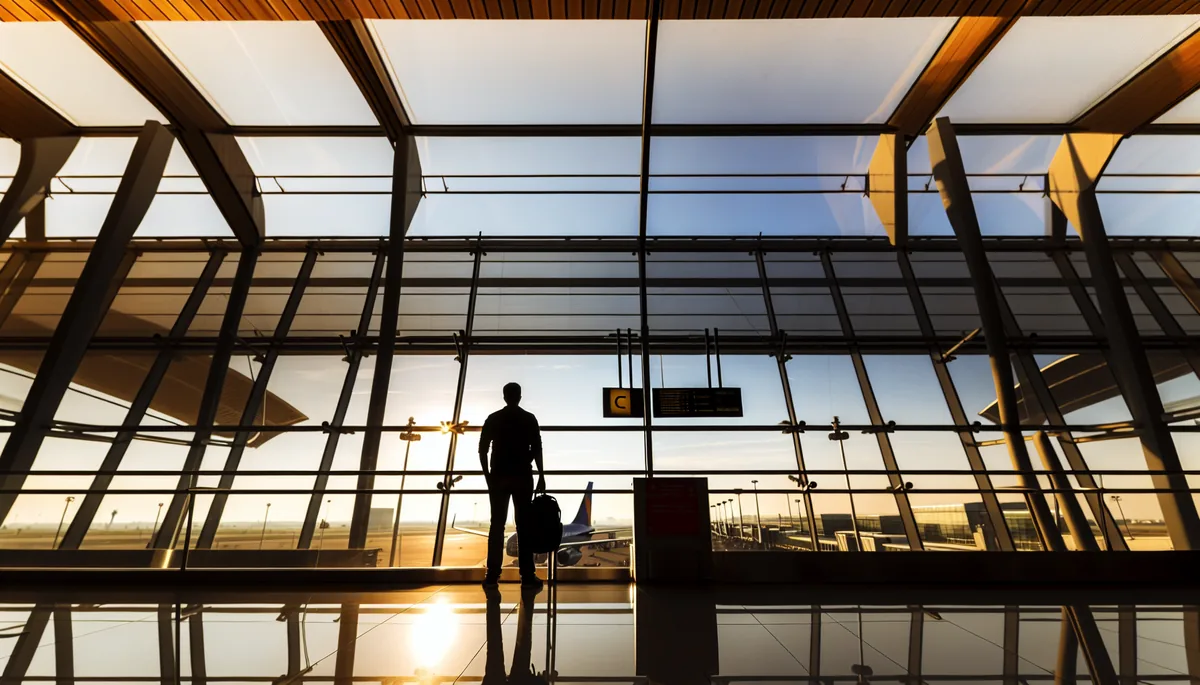 Silhouette of a traveler standing at a modern airport terminal with large windows overlooking aircraft on the tarmac, bathed in warm morning light