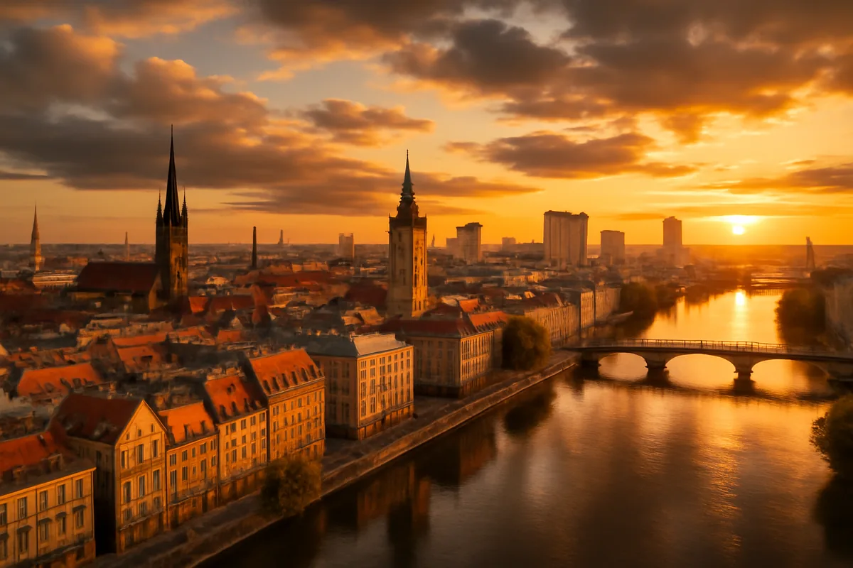 Panoramic golden hour view of a European city skyline with historic and modern architecture reflected in a calm river below