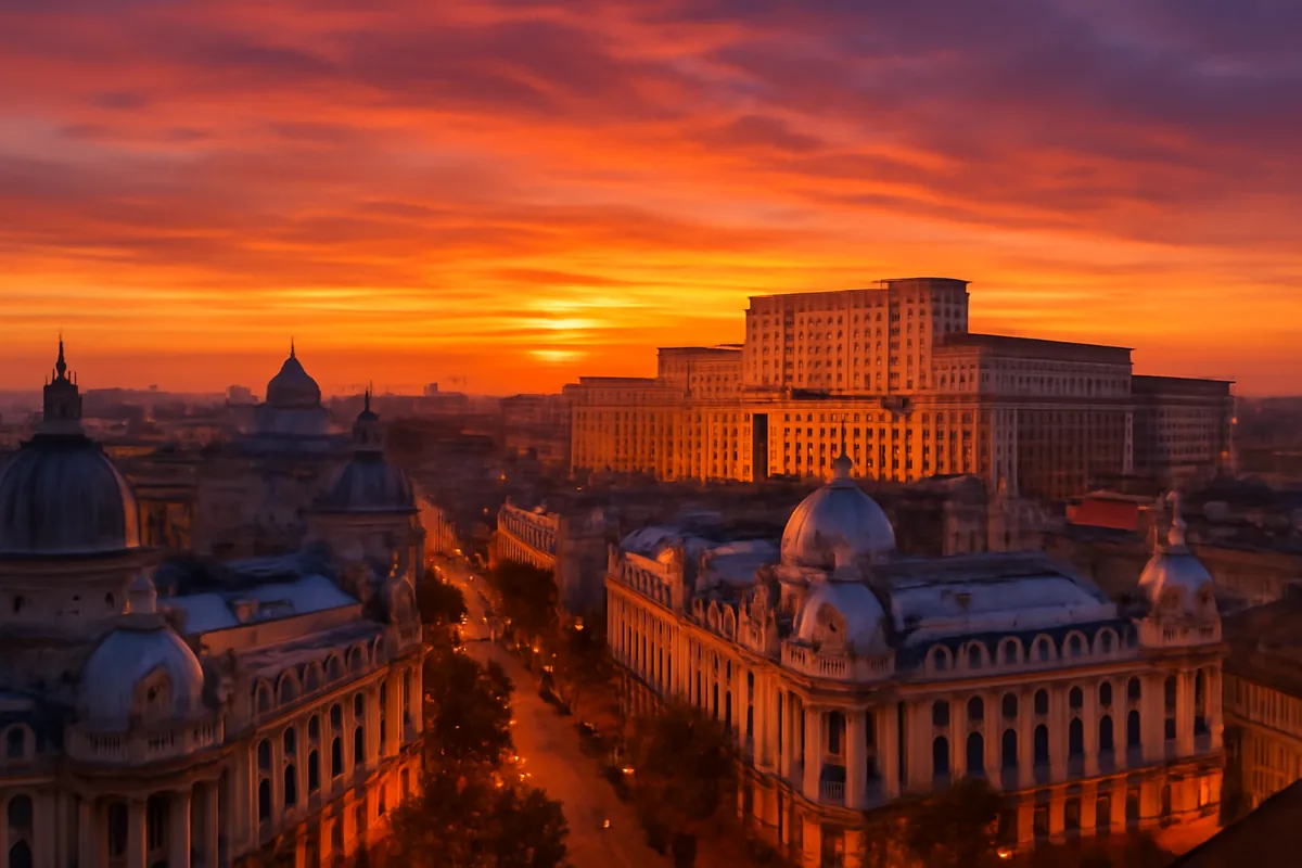 Panoramic view of Bucharest skyline at sunset featuring the Palace of Parliament and historic Romanian architecture bathed in golden hour lighting