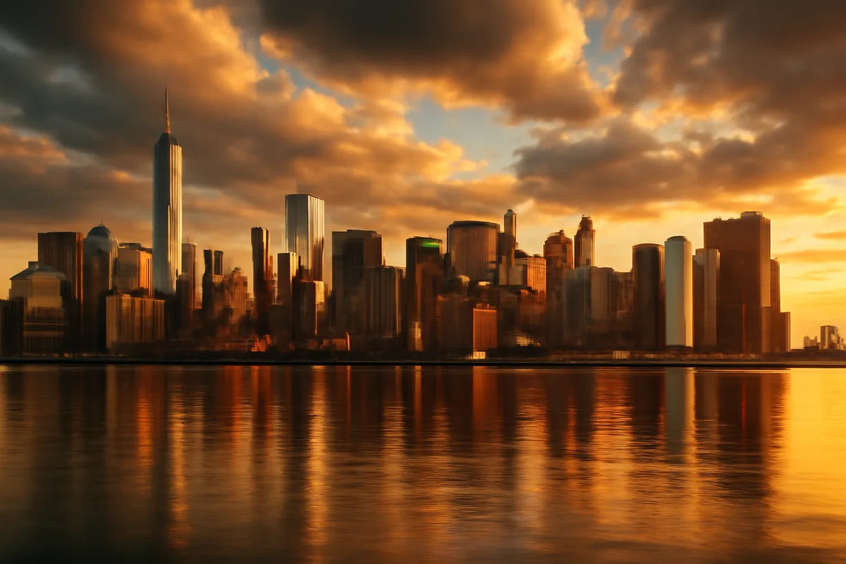 Panoramic view of the New York City skyline at golden hour, with Manhattan skyscrapers bathed in warm orange light reflecting on the water
