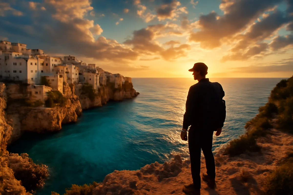 A traveler's silhouette standing on a scenic Mediterranean coastal viewpoint, overlooking turquoise waters and white-washed buildings bathed in golden sunset light