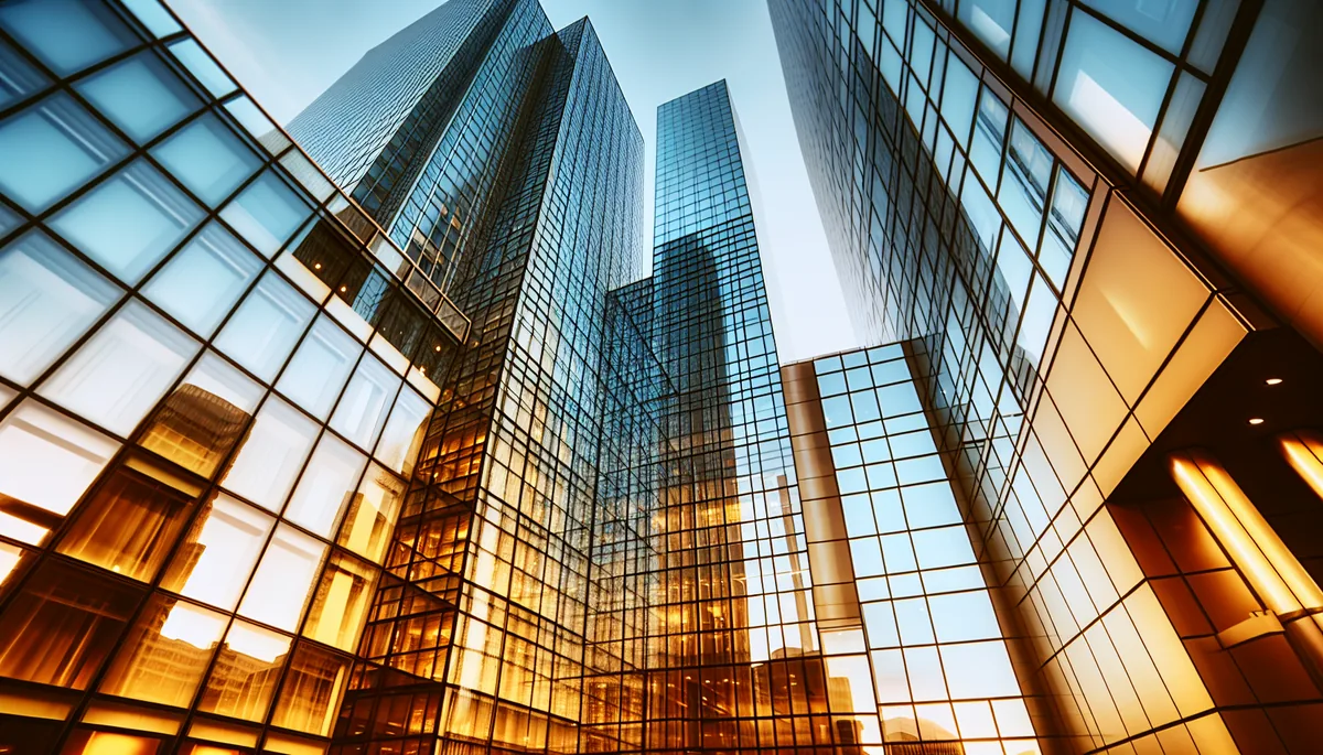 Modern glass skyscrapers in a banking district during golden hour, creating an atmosphere of security and financial stability