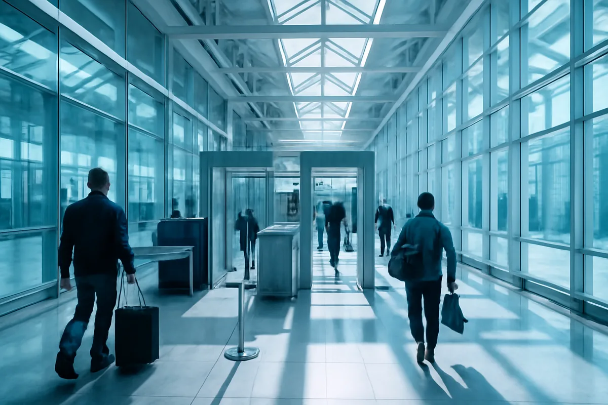 Modern airport security checkpoint with glass architecture and travelers walking through bright terminal corridors