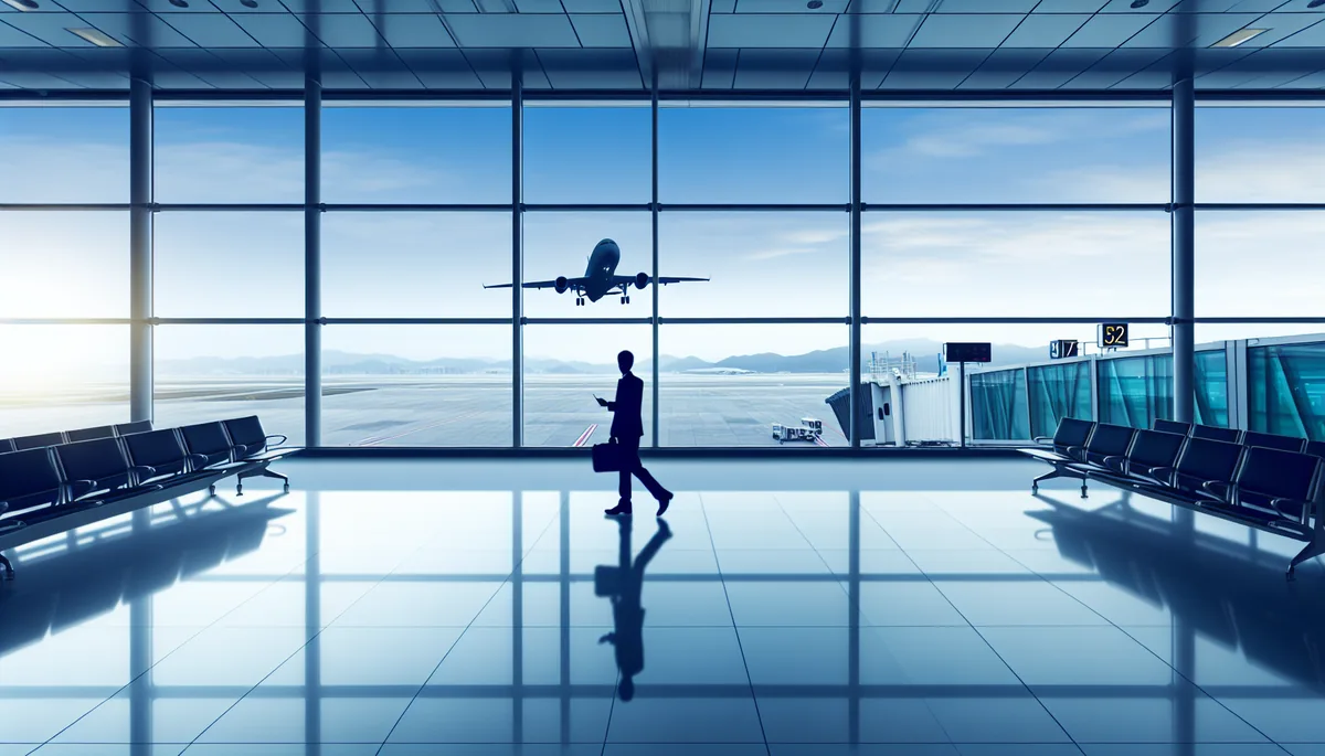 Silhouette of a traveler at an airport terminal window overlooking aircraft on the runway, representing modern travel connectivity