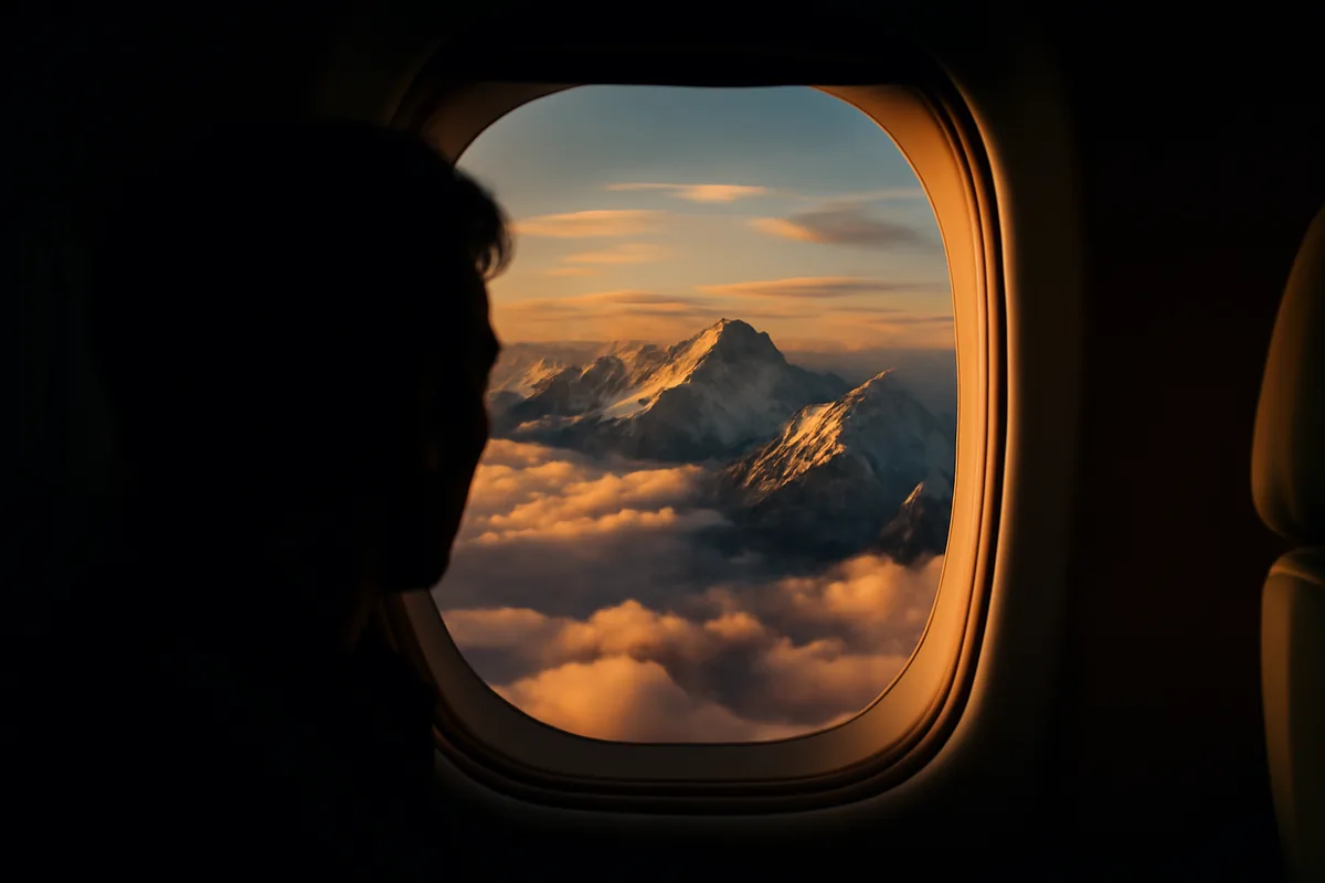 Airplane window view showing snow-capped mountains and clouds during golden hour with passenger silhouette