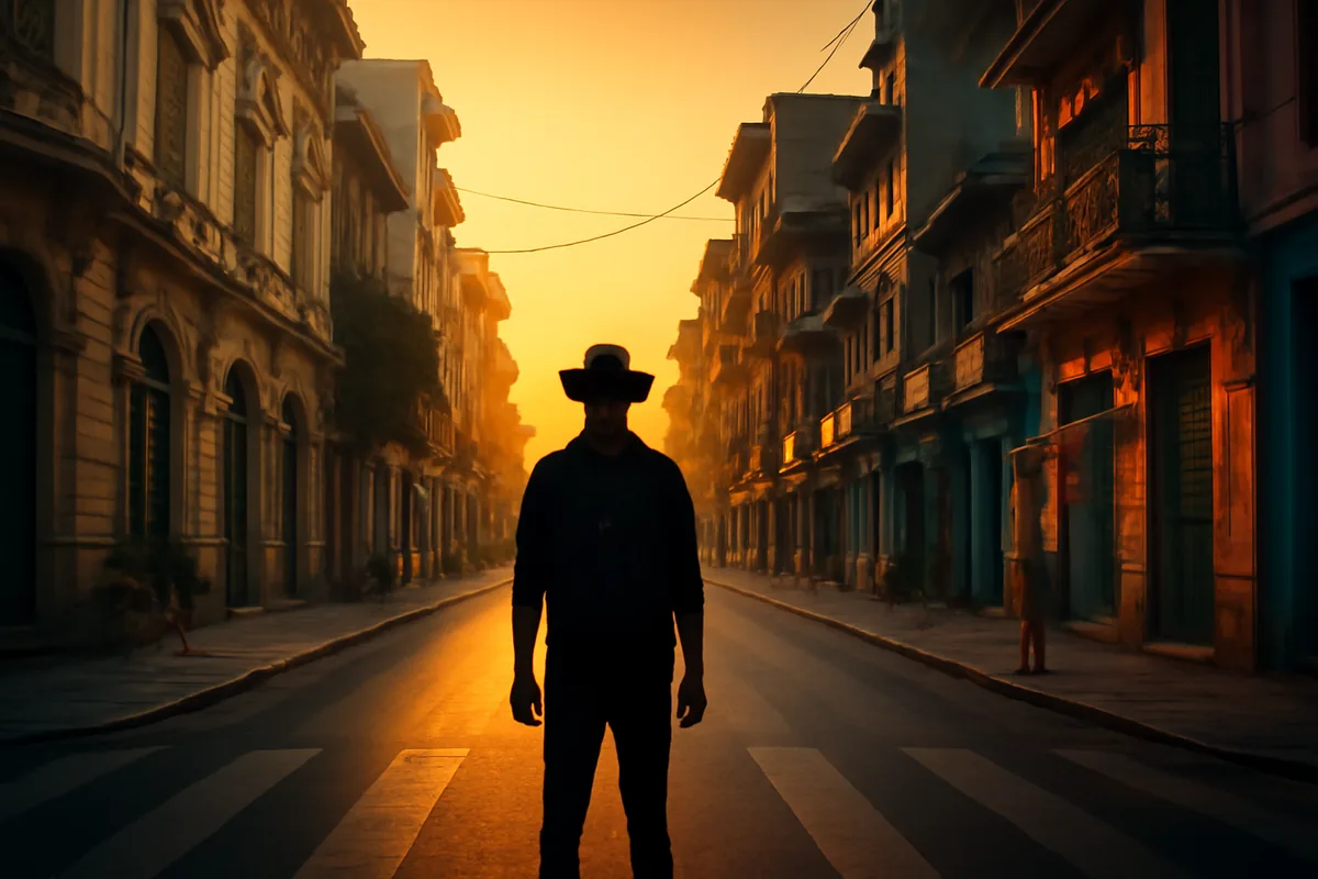 A traveler's silhouette standing at a city crossroads at golden hour, with two different urban landscapes stretching out on either side, symbolizing dual connectivity and choice while traveling abroad.