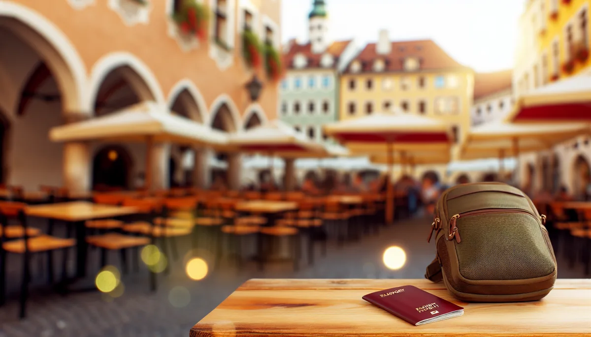 A traveler's backpack and passport on a wooden café table with a blurred European city square in the background, bathed in warm afternoon sunlight