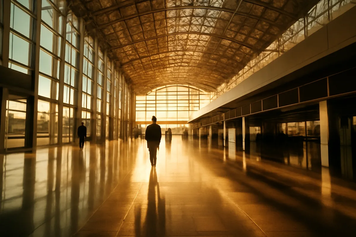 Frankfurt Airport modern terminal interior with soaring glass and steel architecture, sunlight streaming through large windows illuminating the spacious departure hall