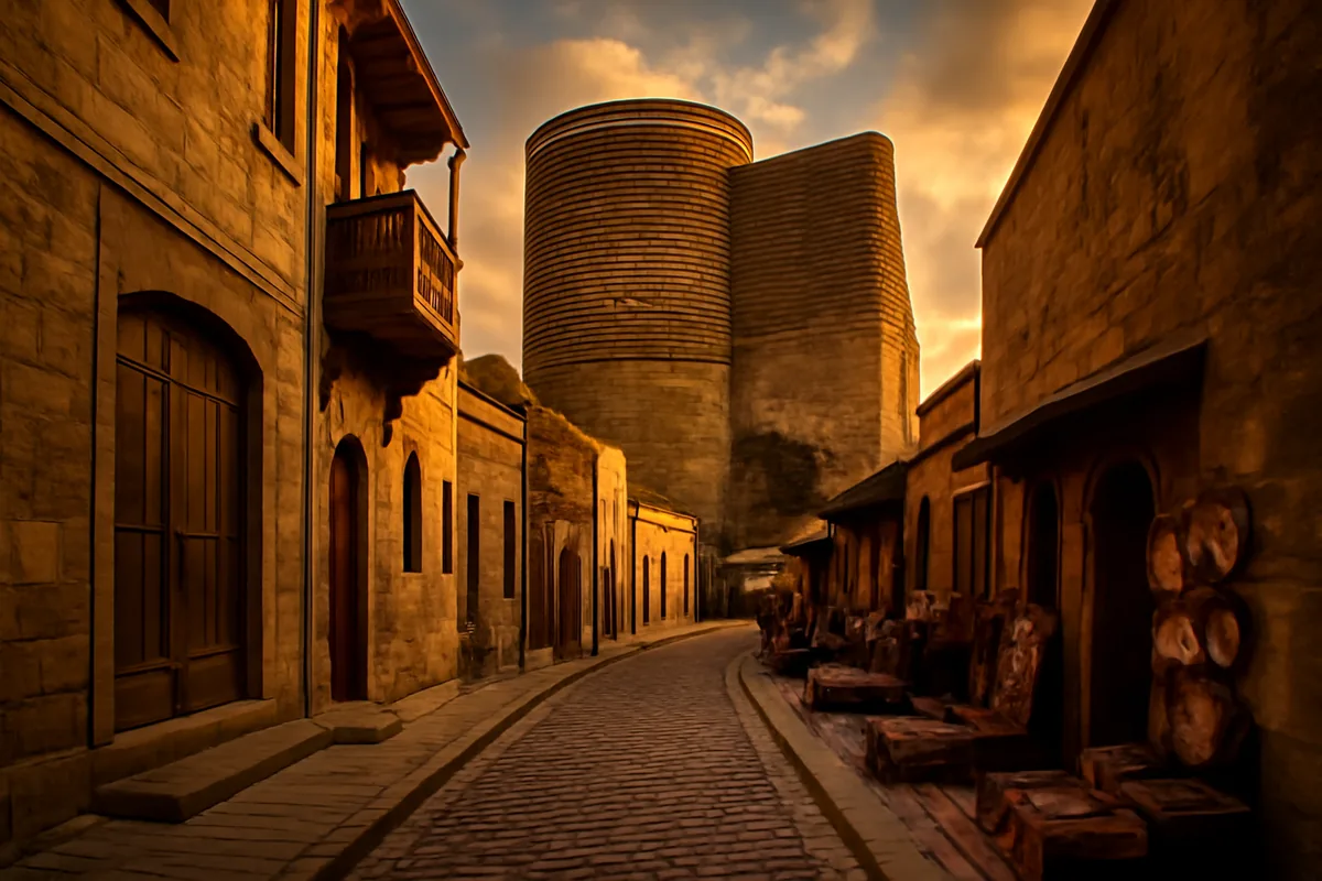 Golden hour view of Baku's historic Old City with the iconic Maiden Tower rising above ancient sandstone buildings and cobblestone streets in Azerbaijan