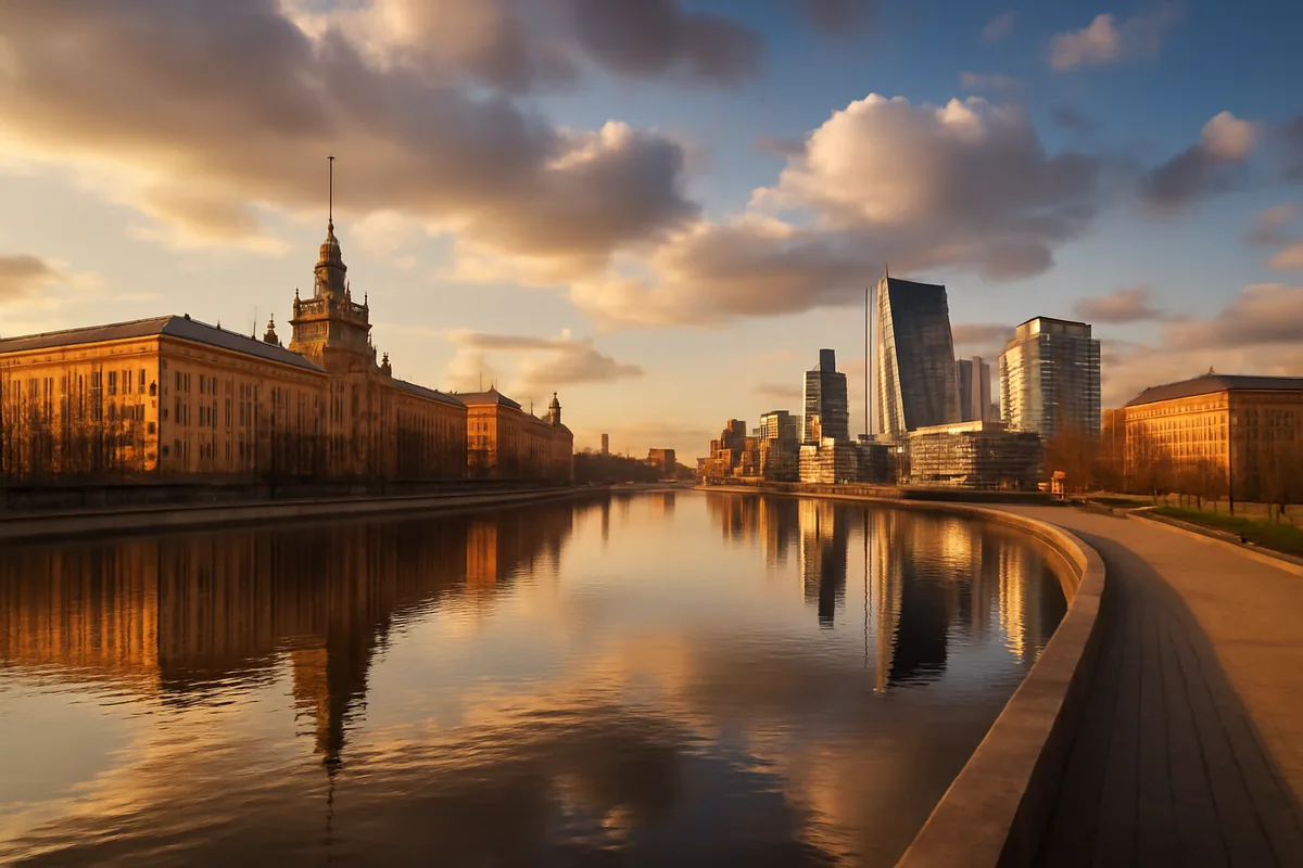 Panoramic golden hour view of Minsk cityscape with historic and modern architecture reflected in the Svislach River