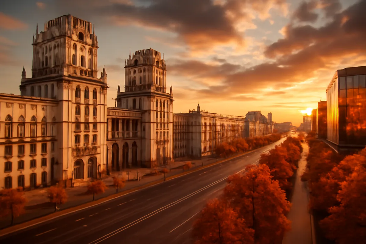 Panoramic view of Minsk city skyline at golden hour, featuring grand Soviet-era architecture along a wide tree-lined boulevard with warm amber sunset light