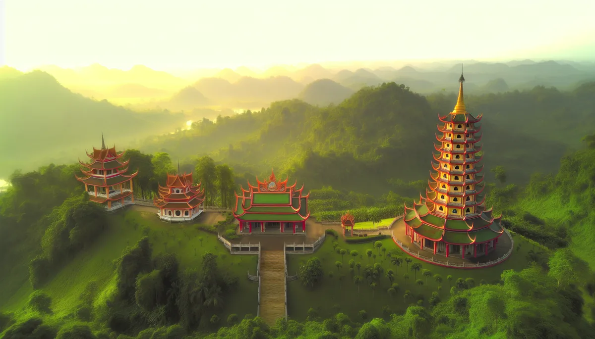 Majestic Asian temple with traditional pagoda architecture nestled in misty green mountains during golden hour