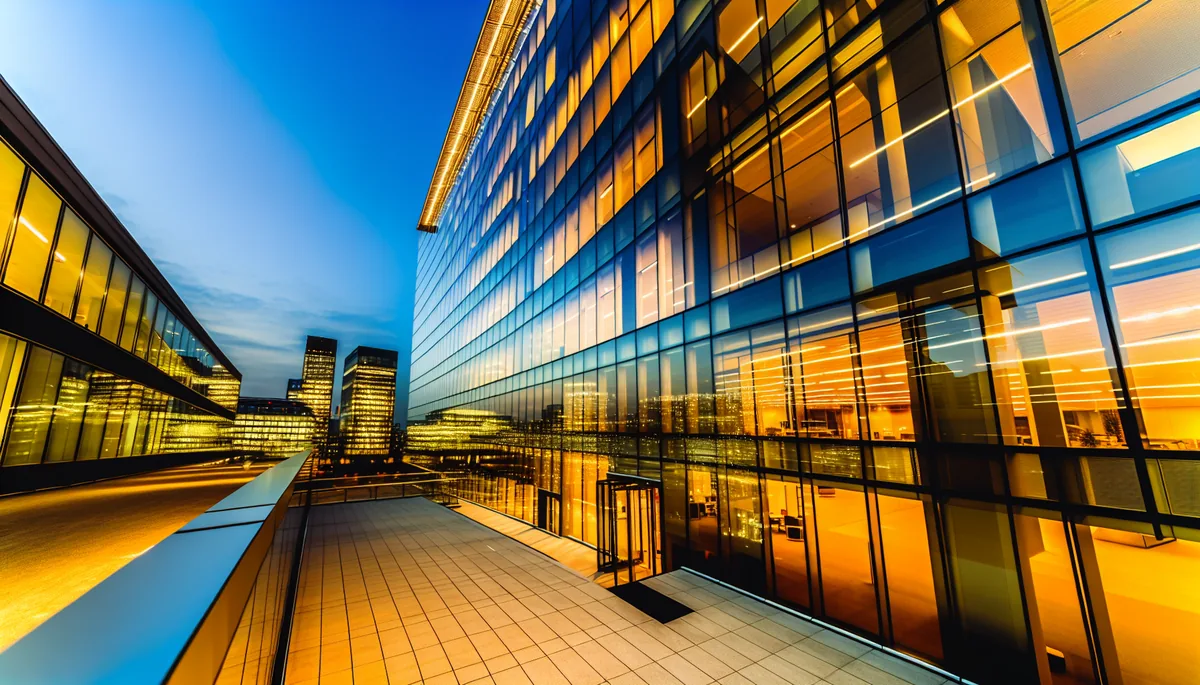 Modern glass office building in a business district during golden hour, with city skyline reflections and warm lighting