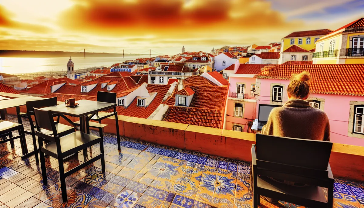 Silhouette of person working at laptop on sunny cafe terrace overlooking Lisbon's traditional tiled rooftops and river