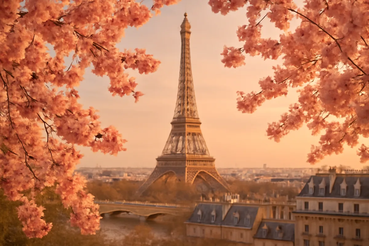Eiffel Tower framed by pink cherry blossoms during golden hour with Parisian cityscape in the background
