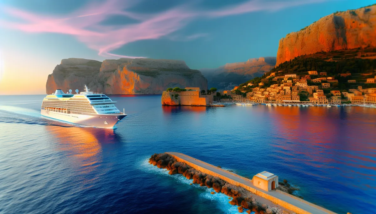Elegant cruise ship sailing through blue waters with a picturesque coastal town and cliffs in the background during golden hour
