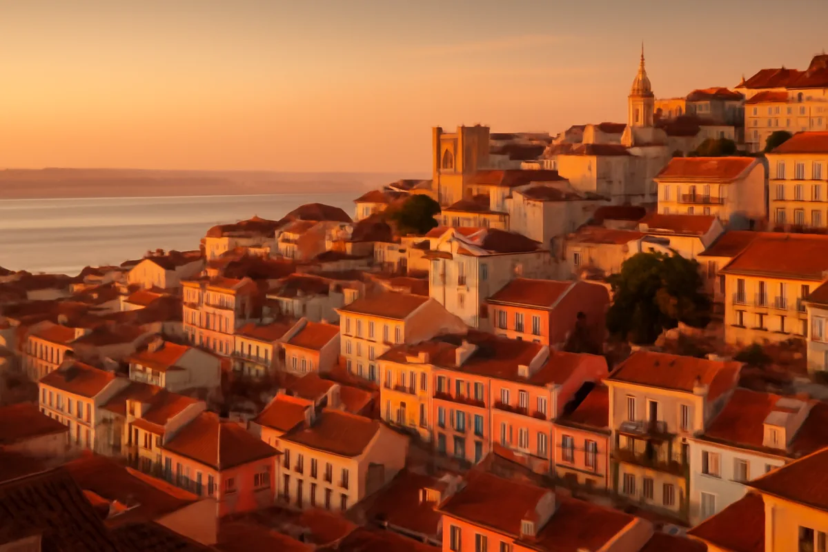 Panoramic golden hour view of Lisbon's iconic hillside neighborhoods with terracotta rooftops and colorful pastel buildings overlooking the Tagus River