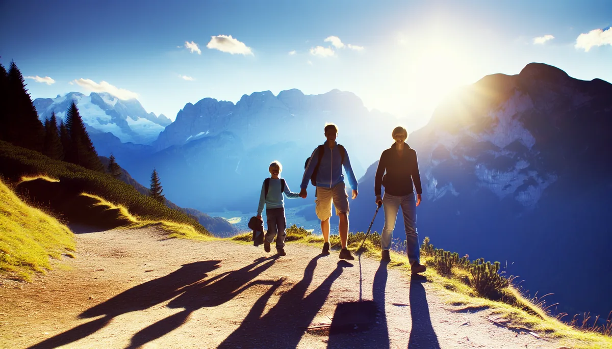 Family silhouettes walking together on a scenic mountain trail with alpine landscape and snow-capped peaks in the background during golden hour